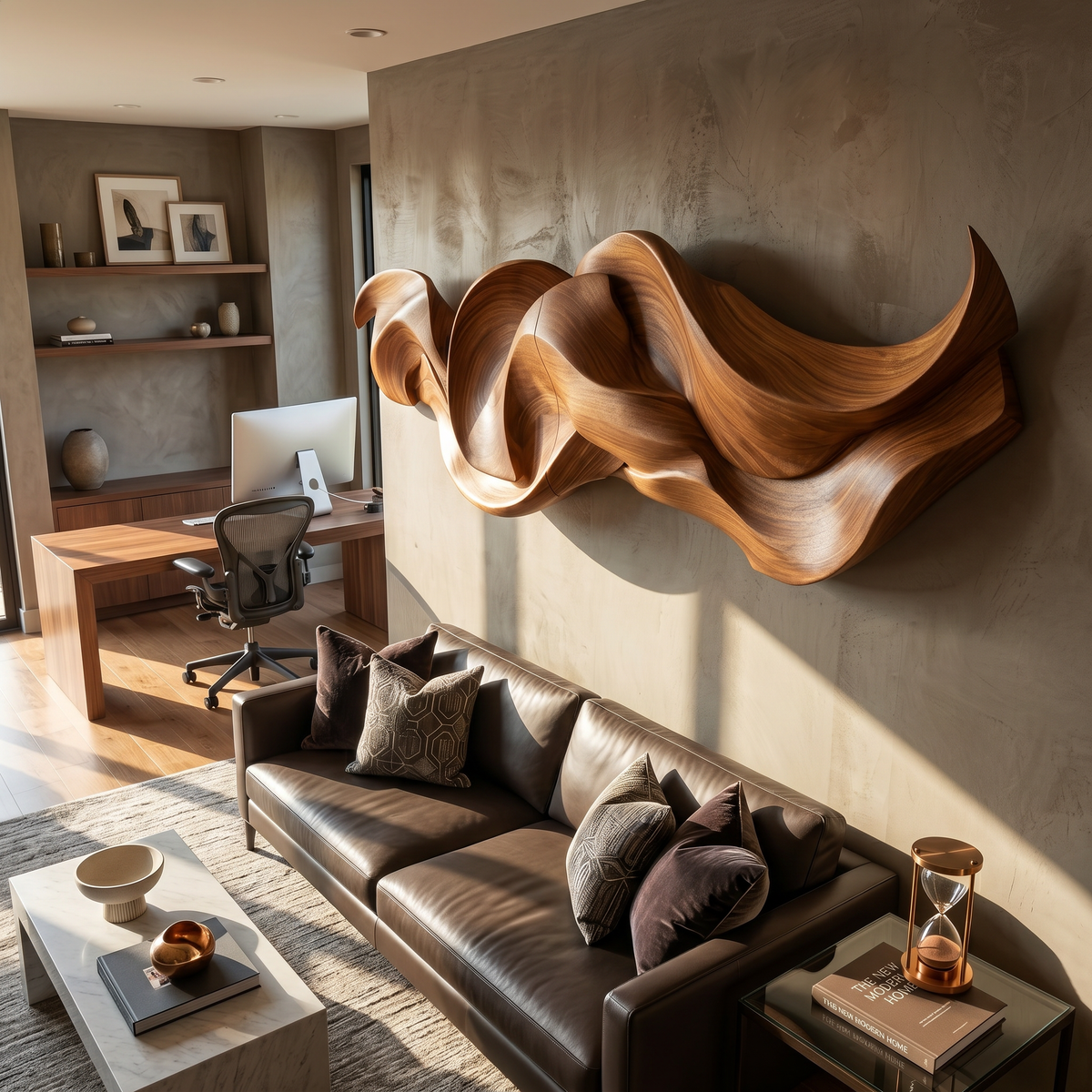 Contemporary Organic Ribbon Wood Wall Art, Handcrafted 3D Flowing Wave Sculpture Panel for Dining Room