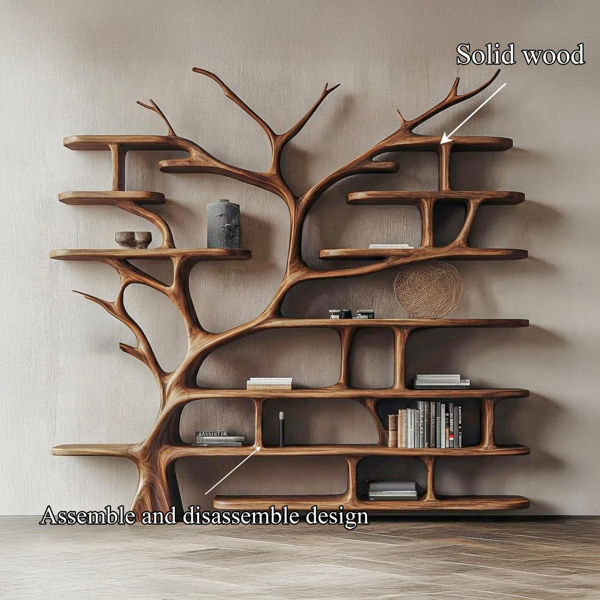 Rustic Tree Bookshelf Storage Tower, Wooden Branch Book Display Stand for Living Room & Office
