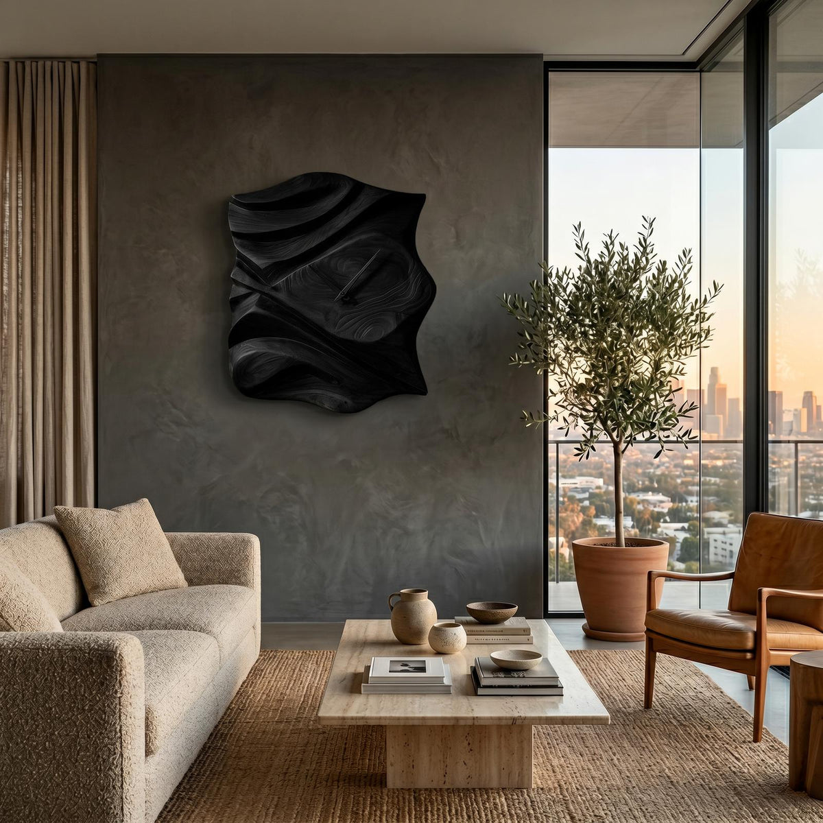 Contemporary Wooden Wall Clock, Hand-Carved Abstract Wave Wood Accent Clock for Bedroom & Living Room Decor