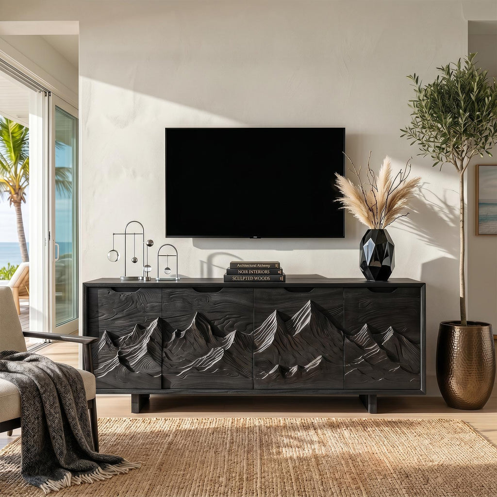 Mountain Carved Wood Media Console Table, Handcrafted Rustic 3D Forest TV Stand for Cabin Living Room Decor