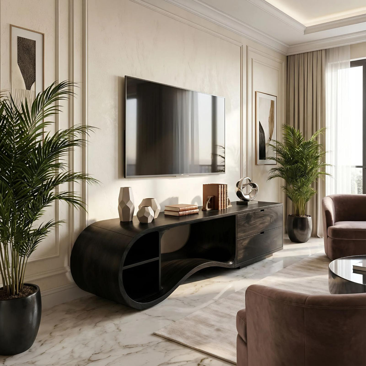 Contemporary Organic TV Cabinet, Handcrafted Wavy Edge Solid Wood Media Sideboard Console & Entertainment Board Stand