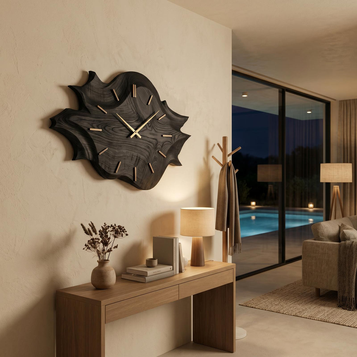 Artistic Wooden Wall Clock, Modern Abstract Carved Wood Clock for Apartment Living Room & Bedroom Wall Decor