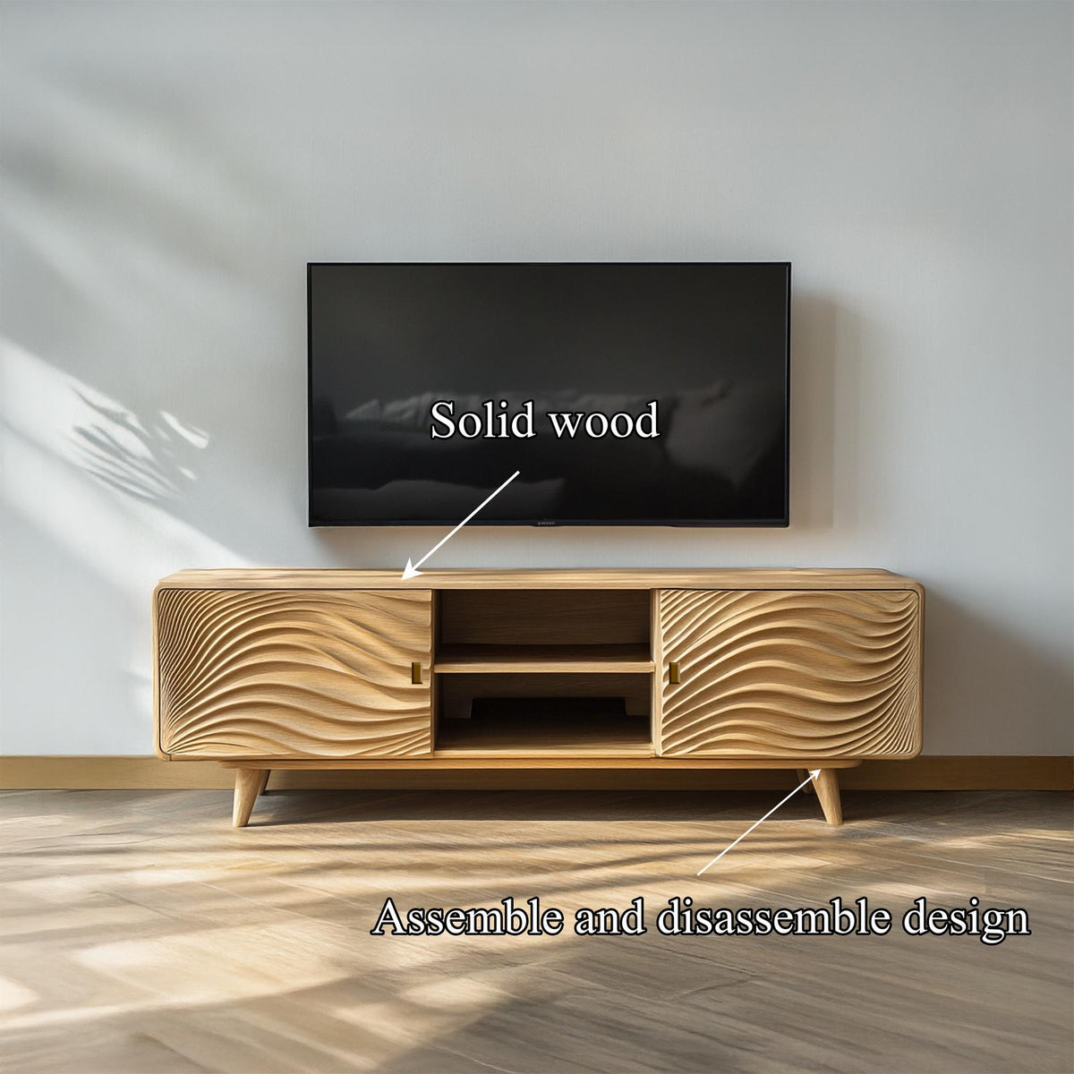 Scandinavian Modern Wood TV Stand, Minimalist Low Profile Media Console Cabinet for Living Room, Model