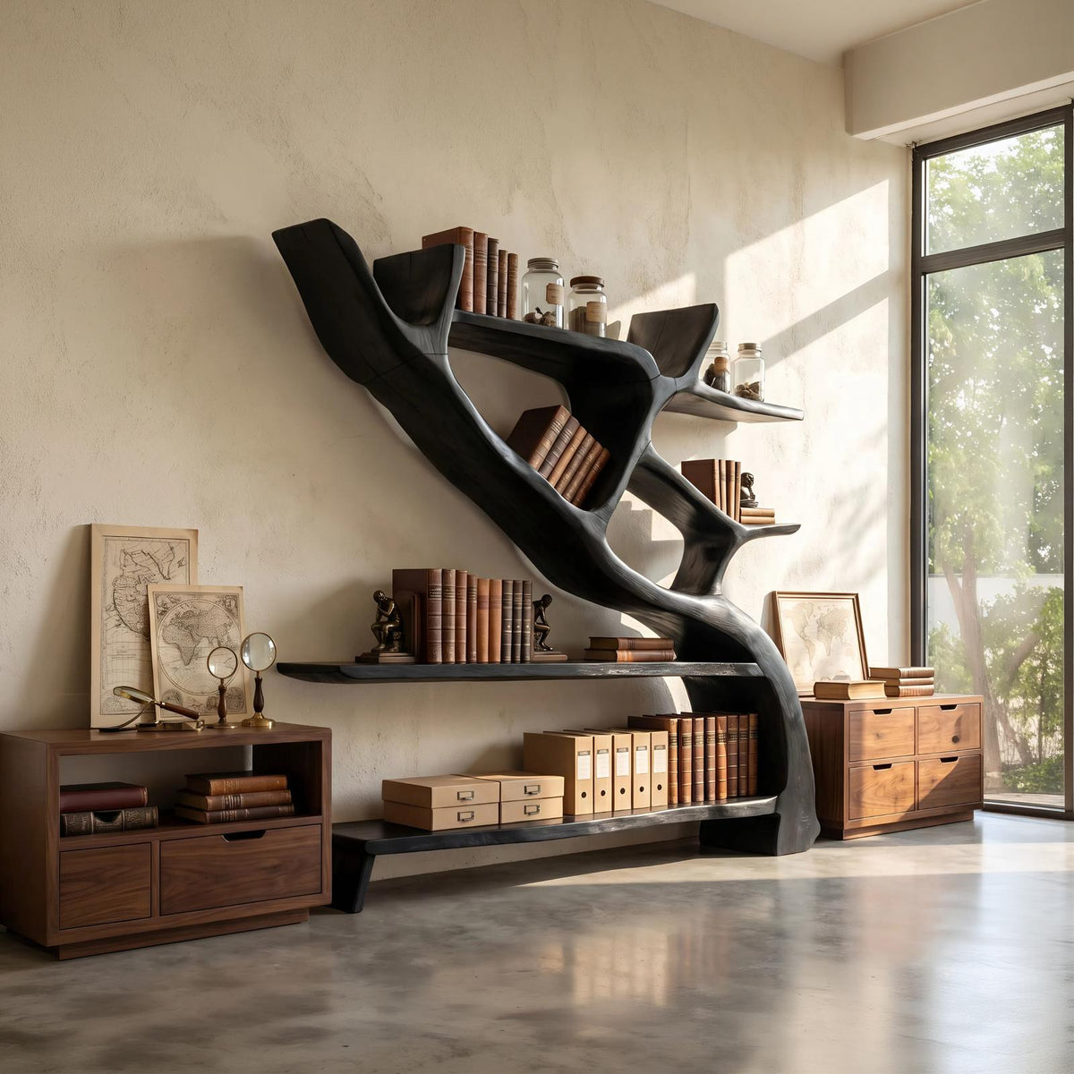 Scandinavian Artistic Wood Bookshelf, Handcrafted Modernist Multi-Tier Storage Cabinet Organizer for Study Office