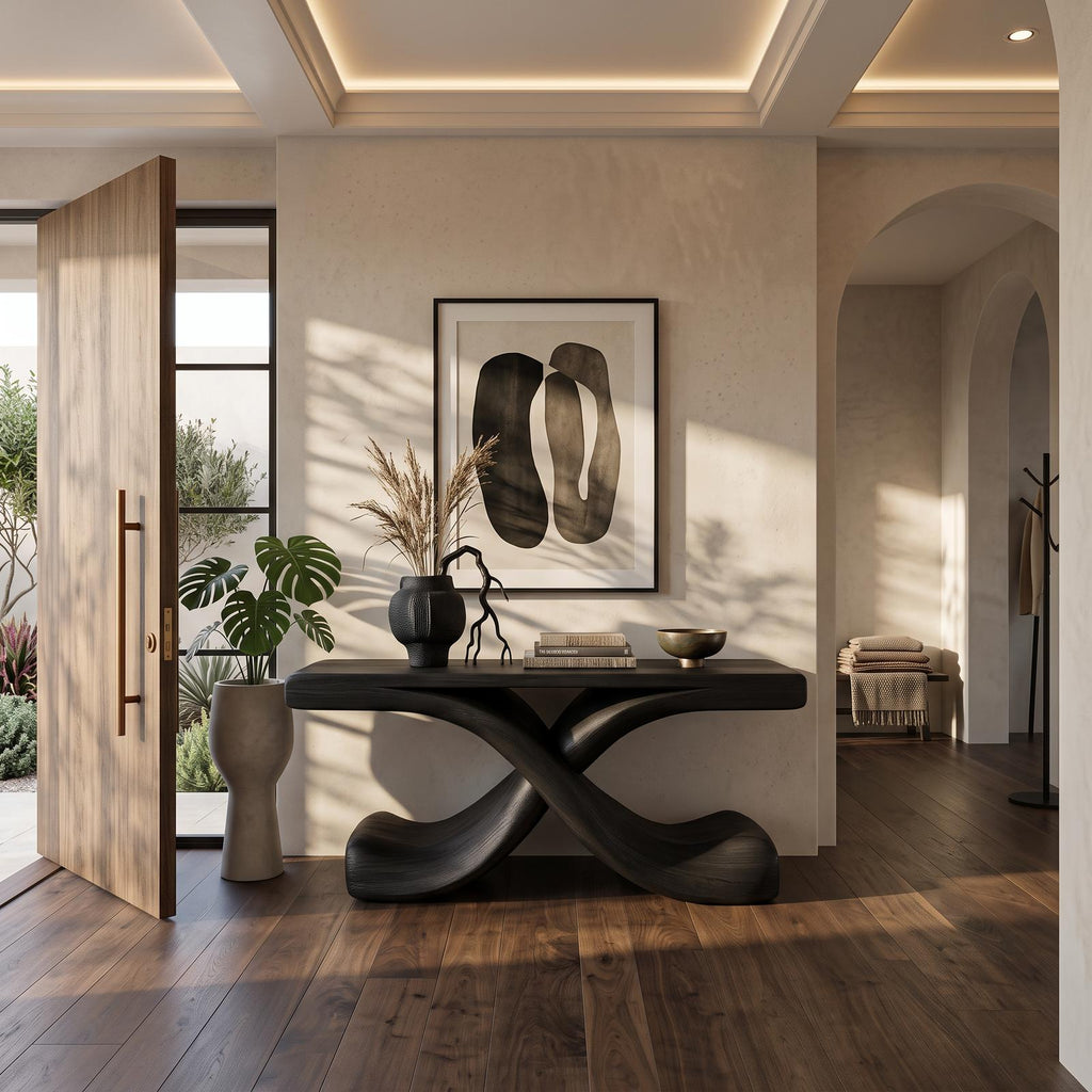 Modern Sculptural Console Table with Twisted Base, Handcrafted Wood Entryway Table for Foyer & Living Room, Model