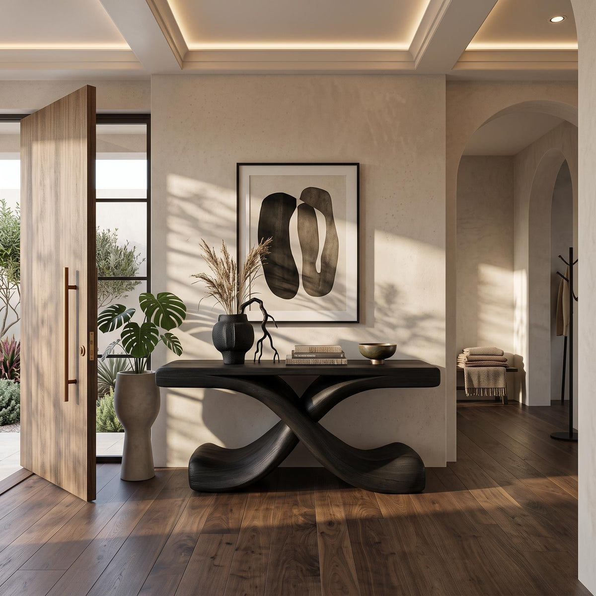 Modern Sculptural Console Table with Twisted Base, Handcrafted Wood Entryway Table for Foyer & Living Room, Model