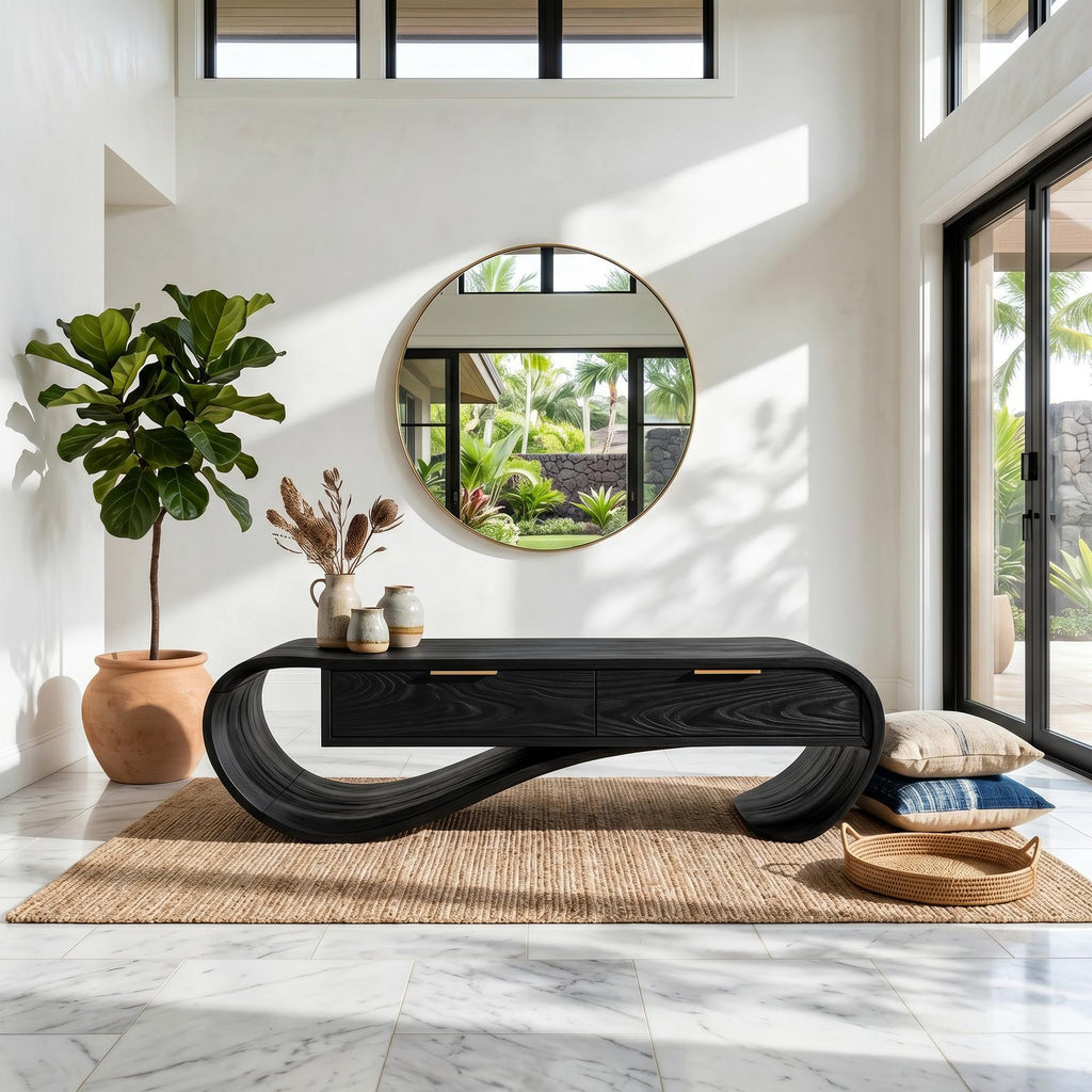 Contemporary Curved Wood Bench with Drawer Storage, Entryway Organizer Bench & Foyer Accent Bench Seating