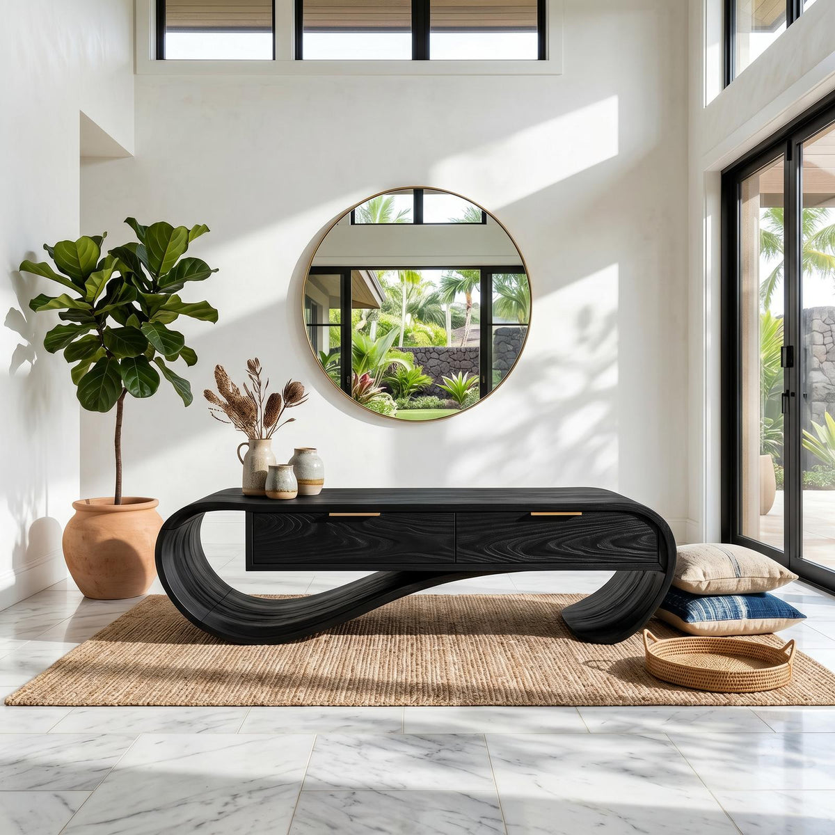 Contemporary Curved Wood Bench with Drawer Storage, Entryway Organizer Bench & Foyer Accent Bench Seating