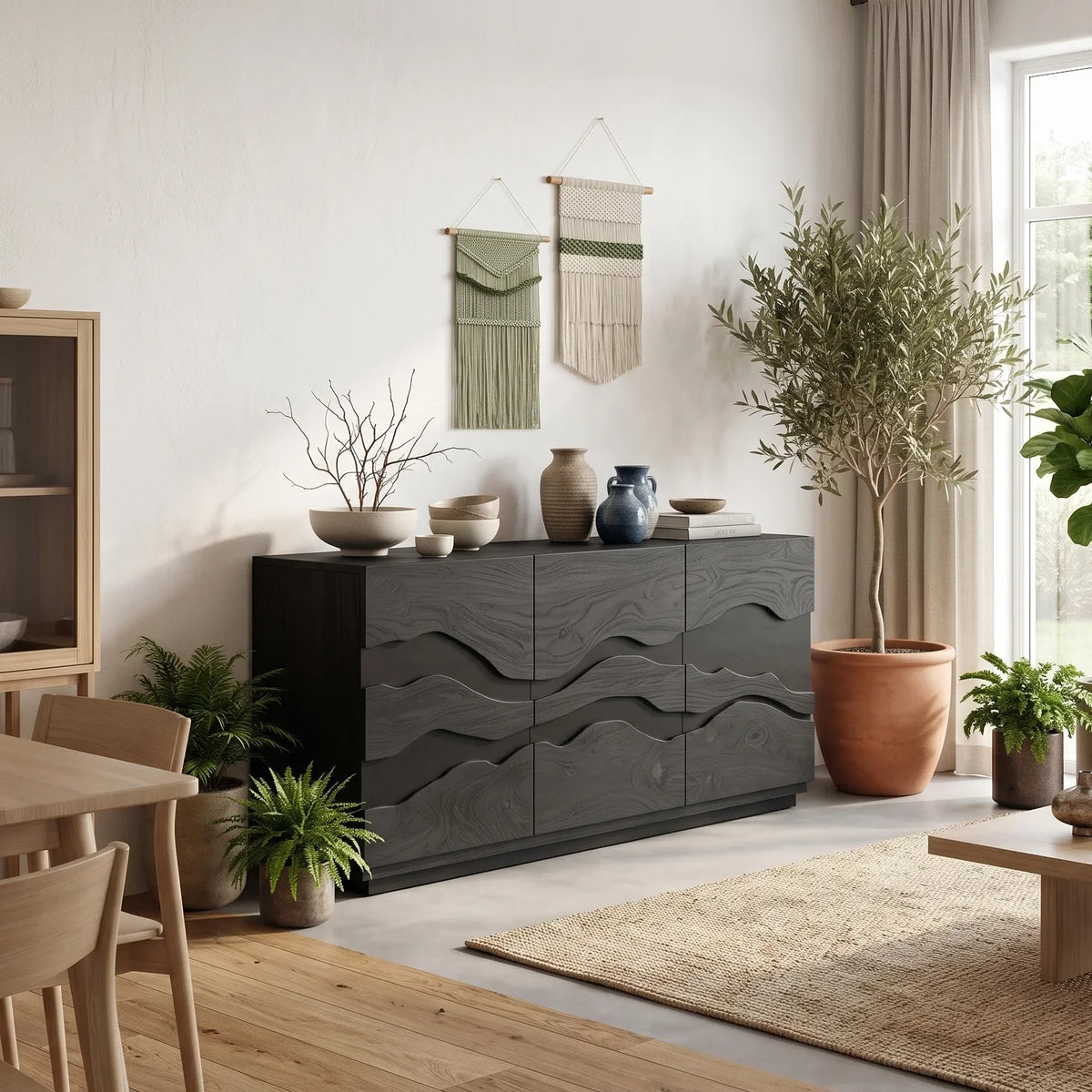 Modern Wave Carved Liquor Cabinet Dining Room