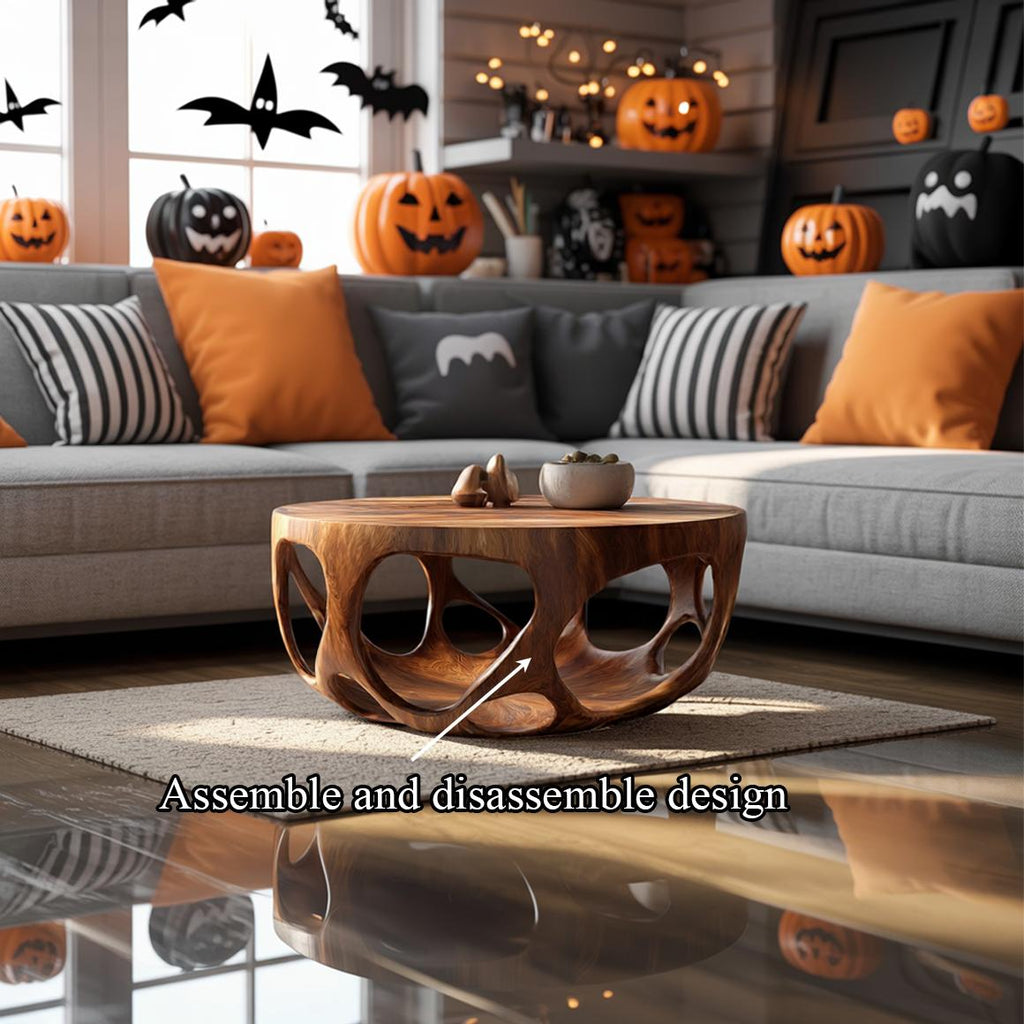 Mid-Century Natural Wood Coffee Table, Rustic Tree Branch Base Accent Center Table, Spooky Gothic Living Room Decor