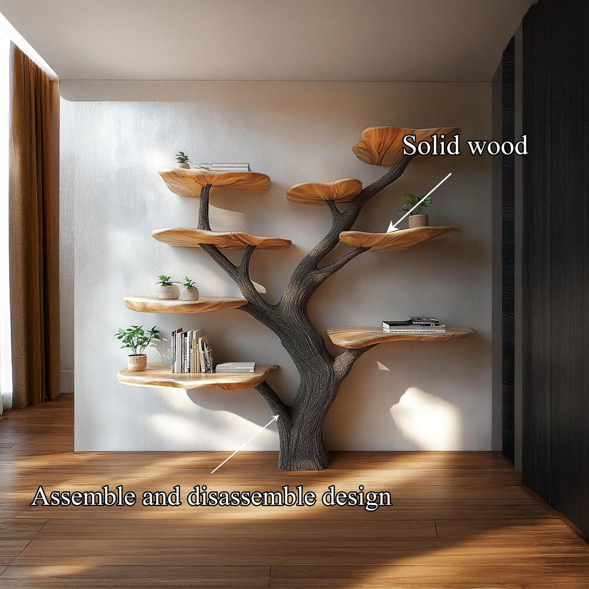 Rustic Mushroom Tree Bookshelf, Solid Wood Wall Mounted Display Shelf for Bedroom & Study, Floating Bookcase
