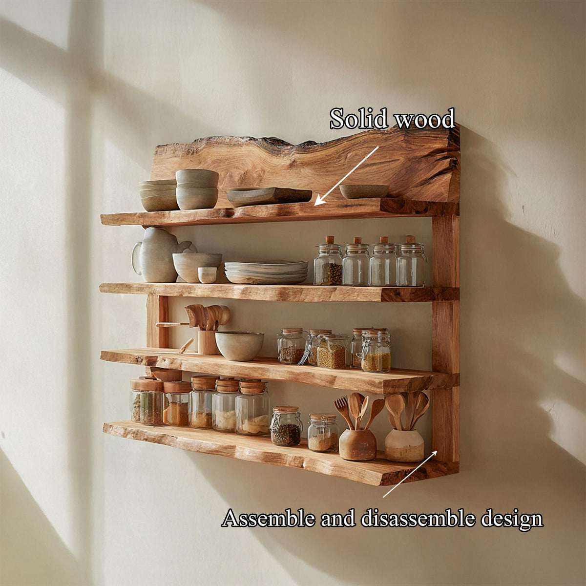 Rustic Wall Mounted Storage Shelf, Solid Wood Handcrafted Floating Spice Rack Organizer for Kitchen Dining Room