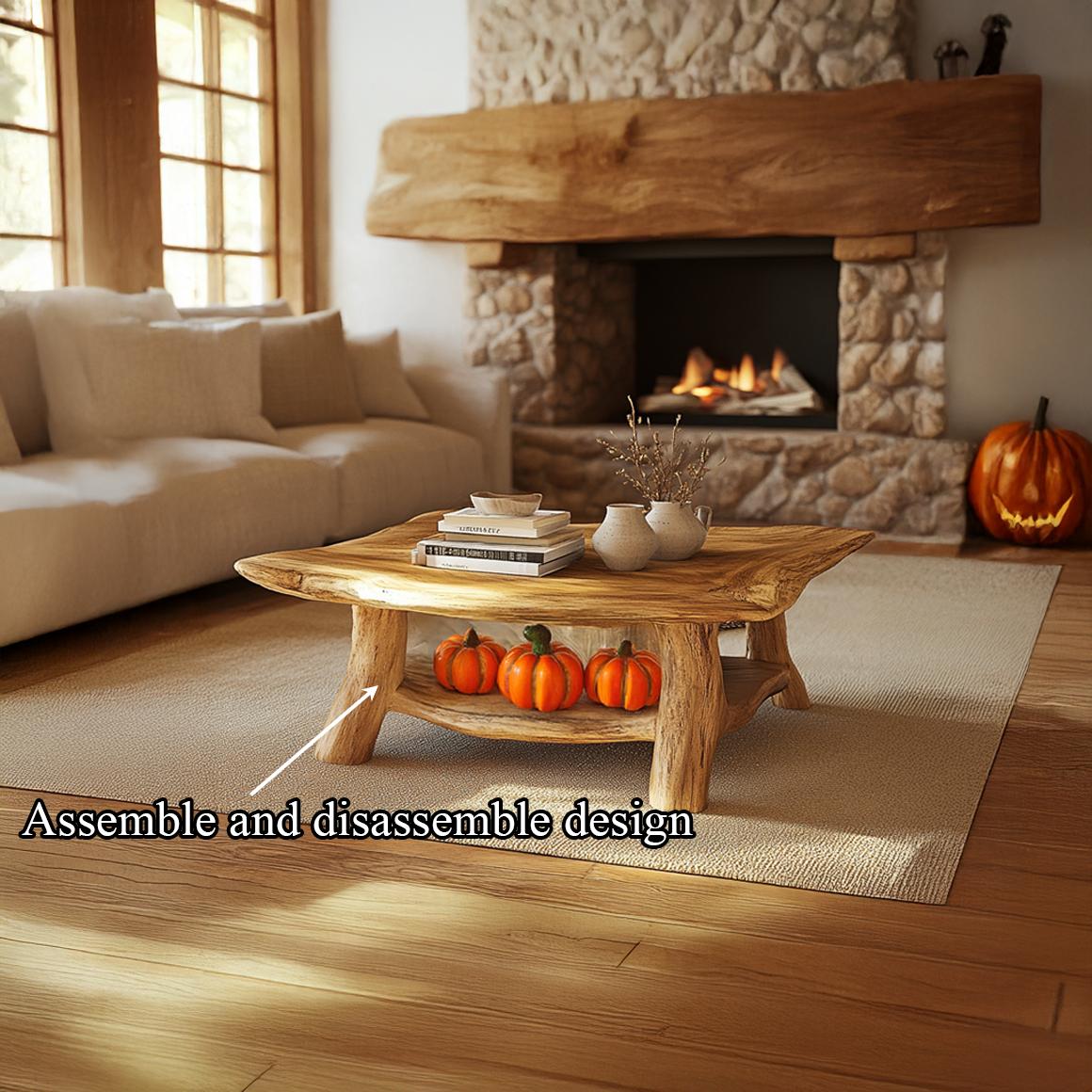 Rustic Natural Wood Coffee Table, Handcrafted Live Edge Tree Slab Centerpiece Table for Cozy Cabin Room, Living Room