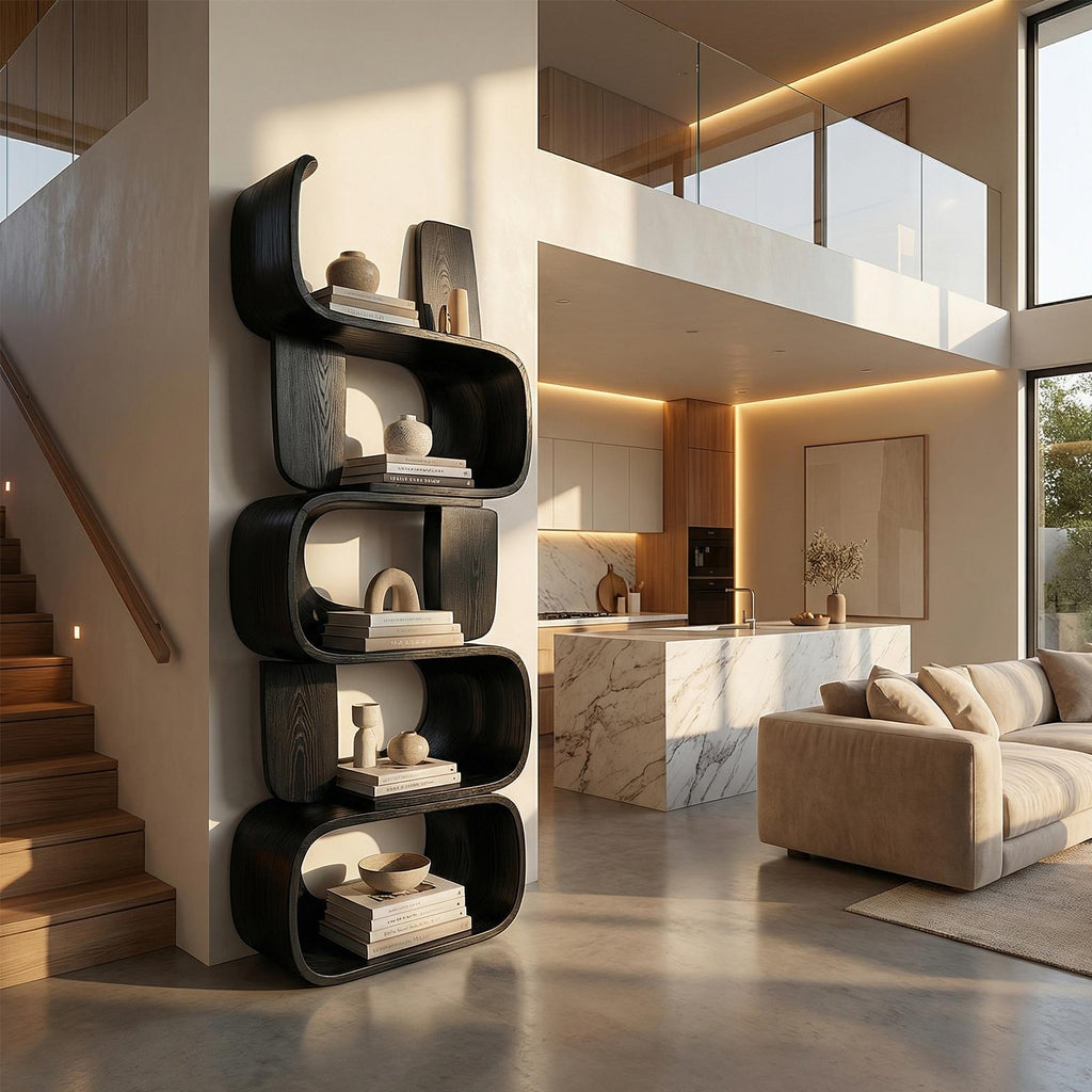 Contemporary Modern Unique Bookshelf, Abstract Wood Bookcase Display Shelves for Living Room