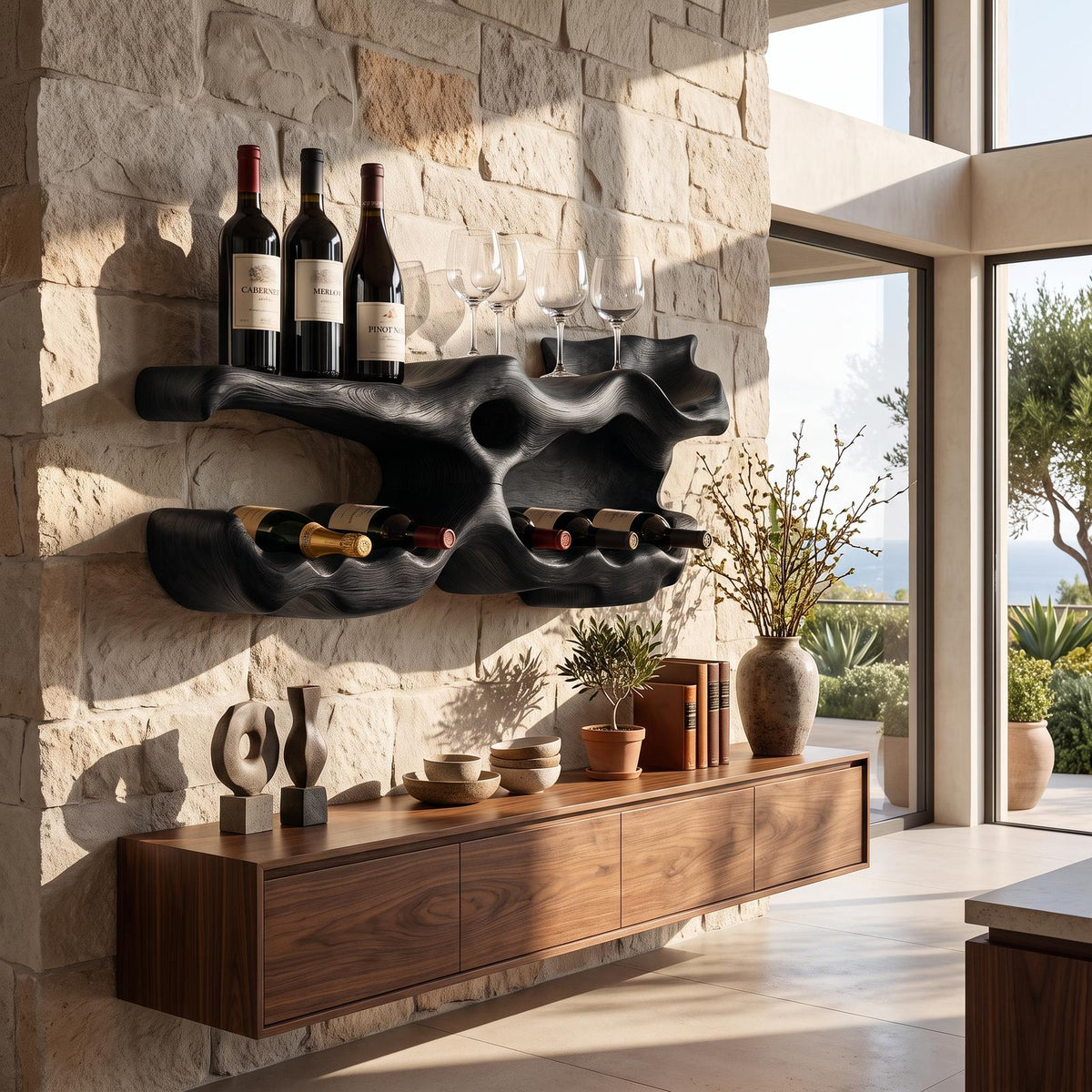 Farmhouse Wooden Wine Holder, Handcrafted Tabletop Wine Bottle Rack & Glass Display Organizer for Living Room Shelf