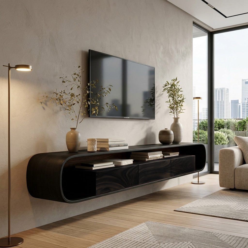 Organic Modern Floating TV Console, Wall Mounted Solid Wood Media Console Unit for Living Room