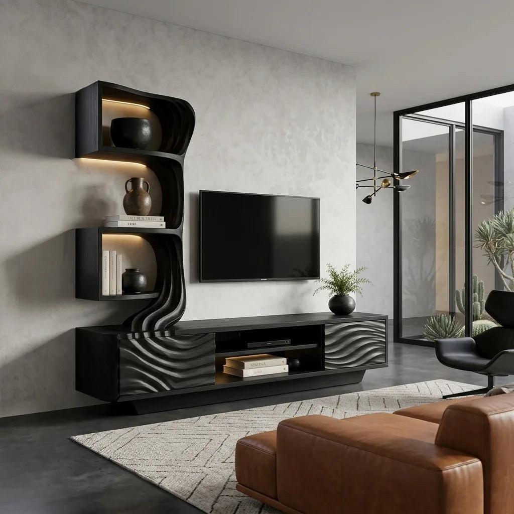 Modern Wave Carved TV Stand With Shelving For Living Room