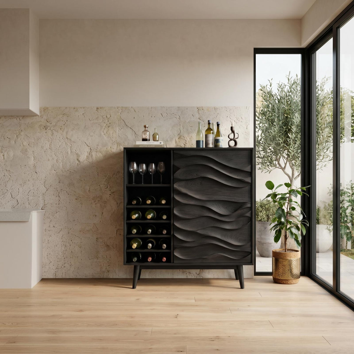 Spry Interior Sculptural Wood Wine Cabinet with Wave Carved Doors, Storage Buffet Credenza for Dining Room, Kitchen & Bar, SITHTTBCA013