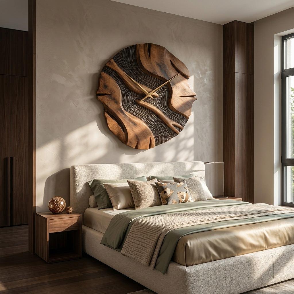 Organic Sculptural Wooden Wall Clock, Modern Abstract Hand-Carved Wood Clock for Living Room Wall Decor