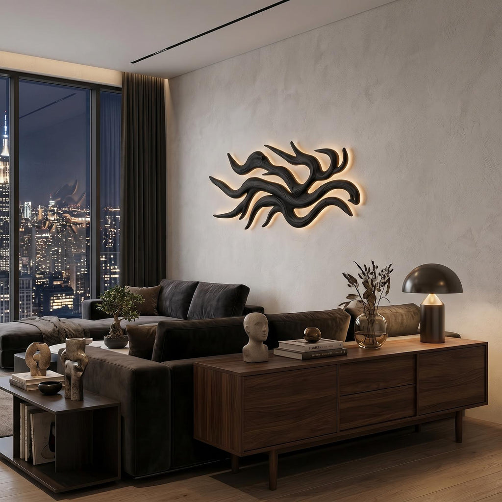 Artistic Wooden Wall Light with Flowing Root Design, Sculptural Rustic Sconce for Accent Bedroom Decor, Model