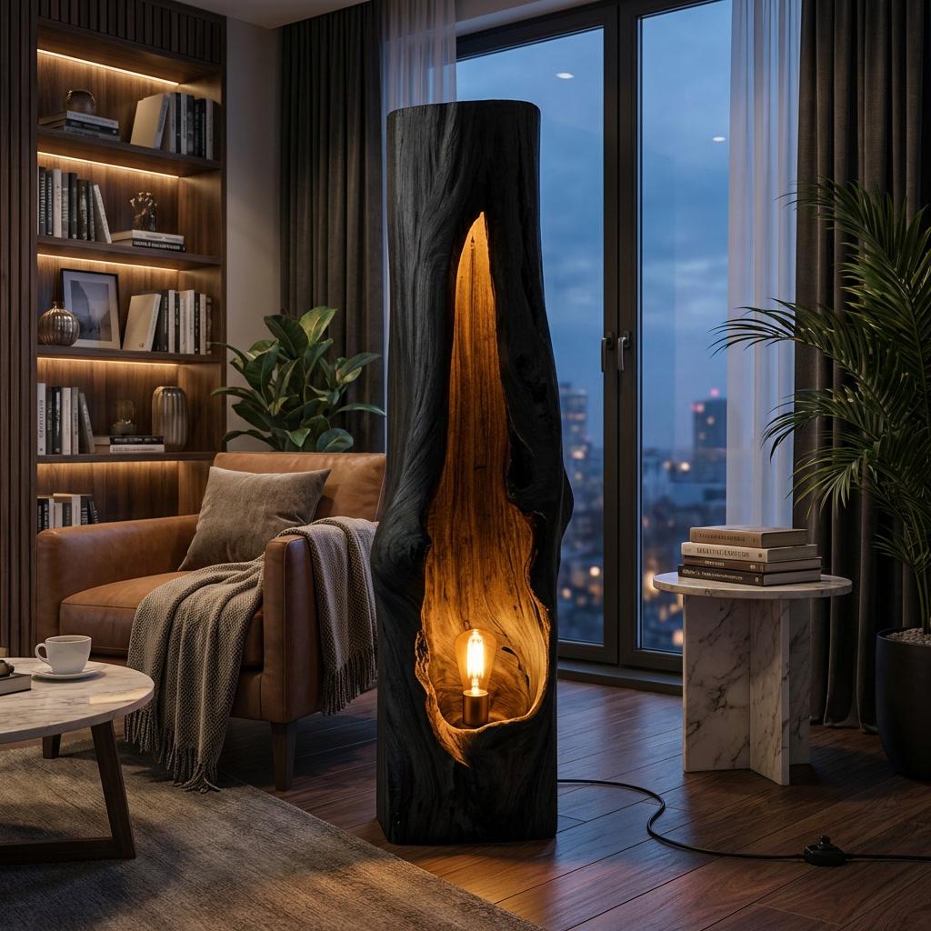 Rustic Wooden Floor Lamp, Sculptural Solid Wood Standing Accent Light with Shade for Cozy Bedroom, Model