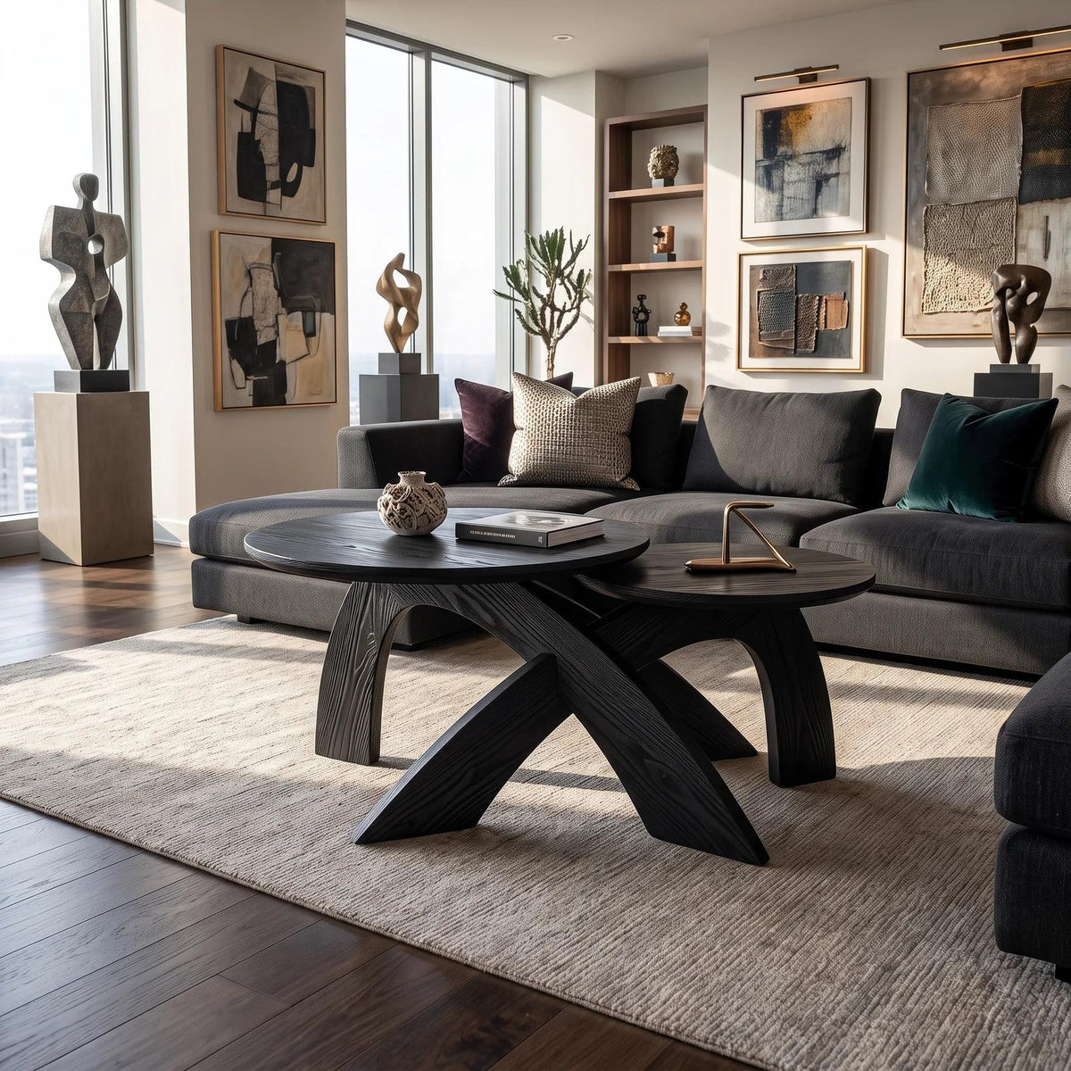 Mid Century Round Coffee Table Biophilic Living Room