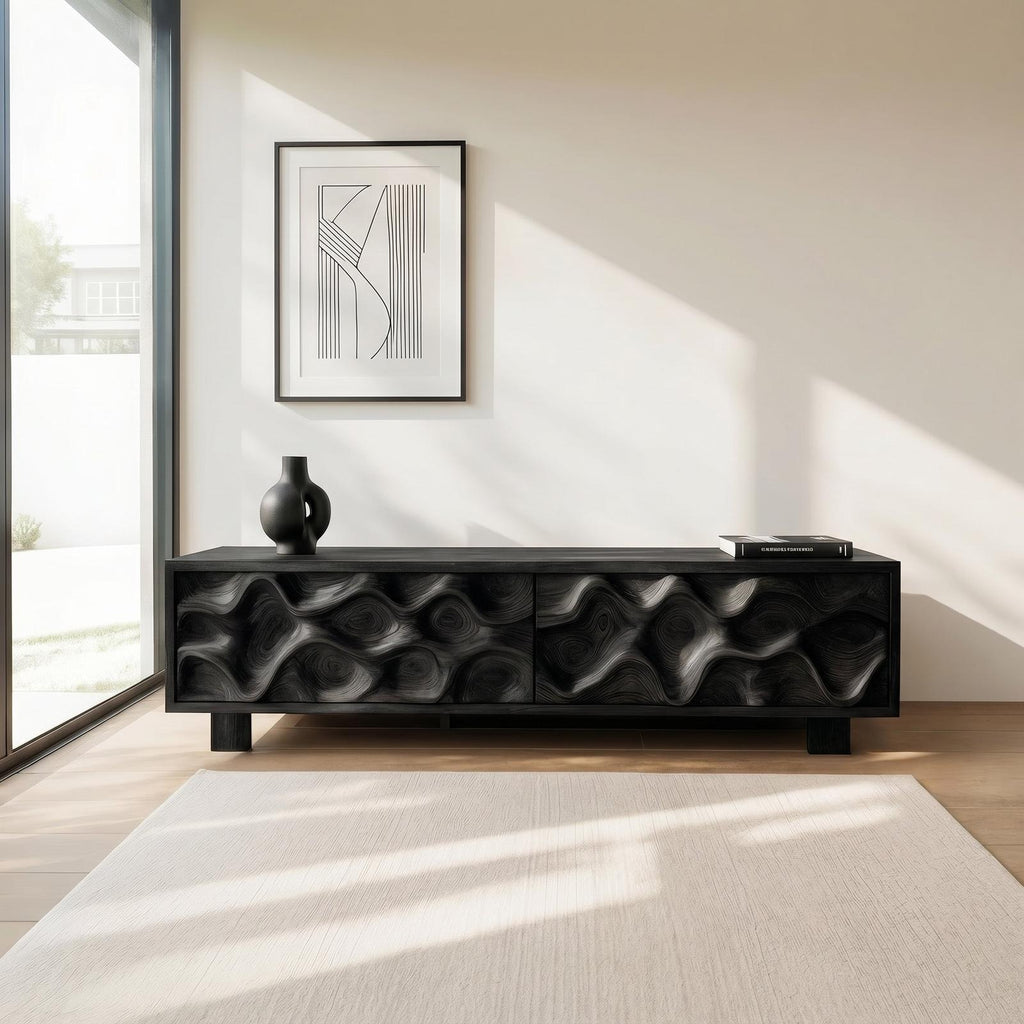 Hand-Carved TV Stand, Artistic Wave Design Solid Wood Media Entertainment Console Table for Modern Living Room