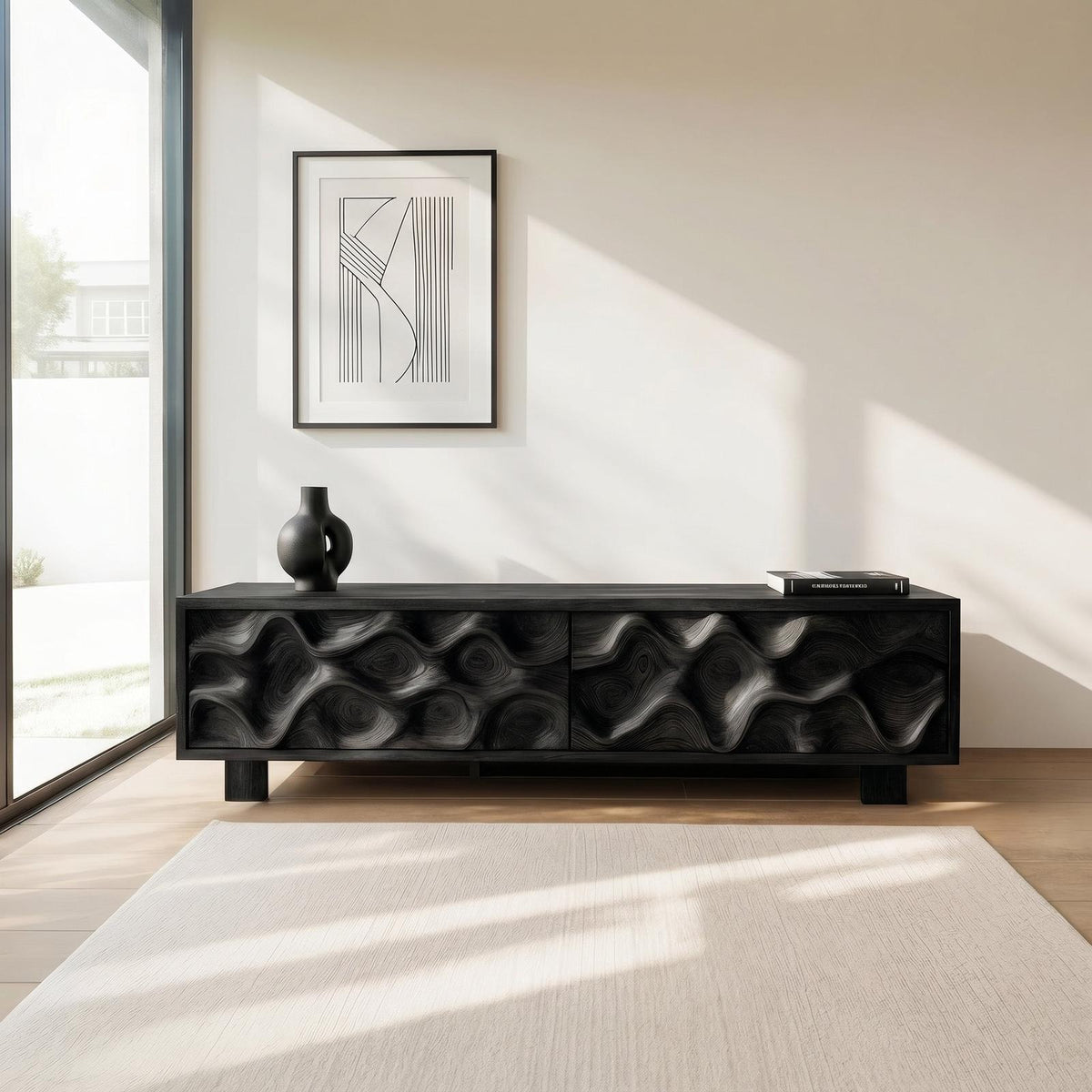 Hand-Carved TV Stand, Artistic Wave Design Solid Wood Media Entertainment Console Table for Modern Living Room