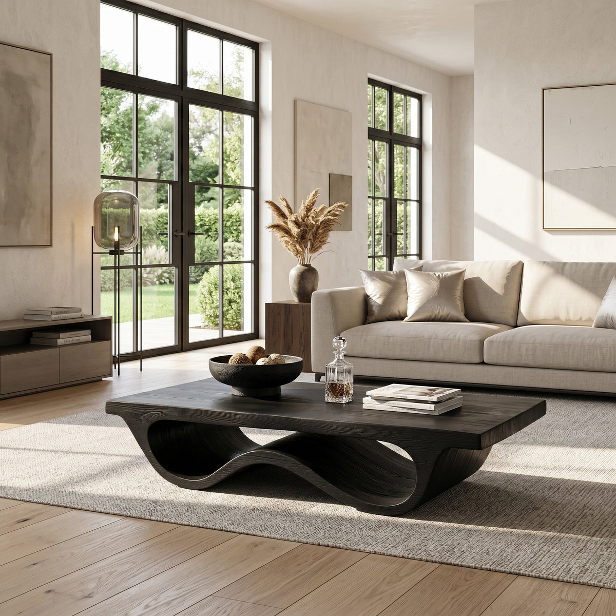 Contemporary Coffee Table, Curved Leg Pedestal Solid Wood Cocktail Table for Modern Living Room & Lounge