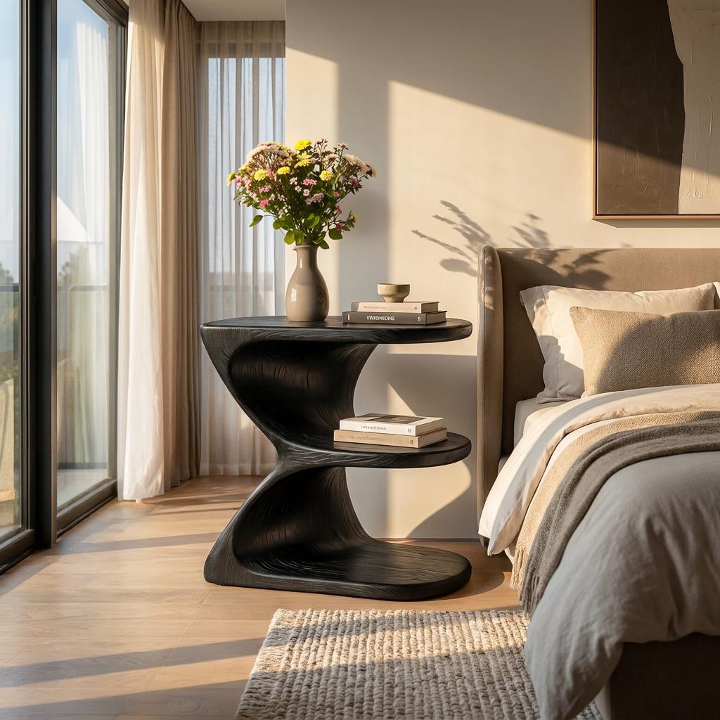 Modern Natural Wood Nightstand, Unique E-Shape Bedside Table with Open Shelves for Bedroom, Model