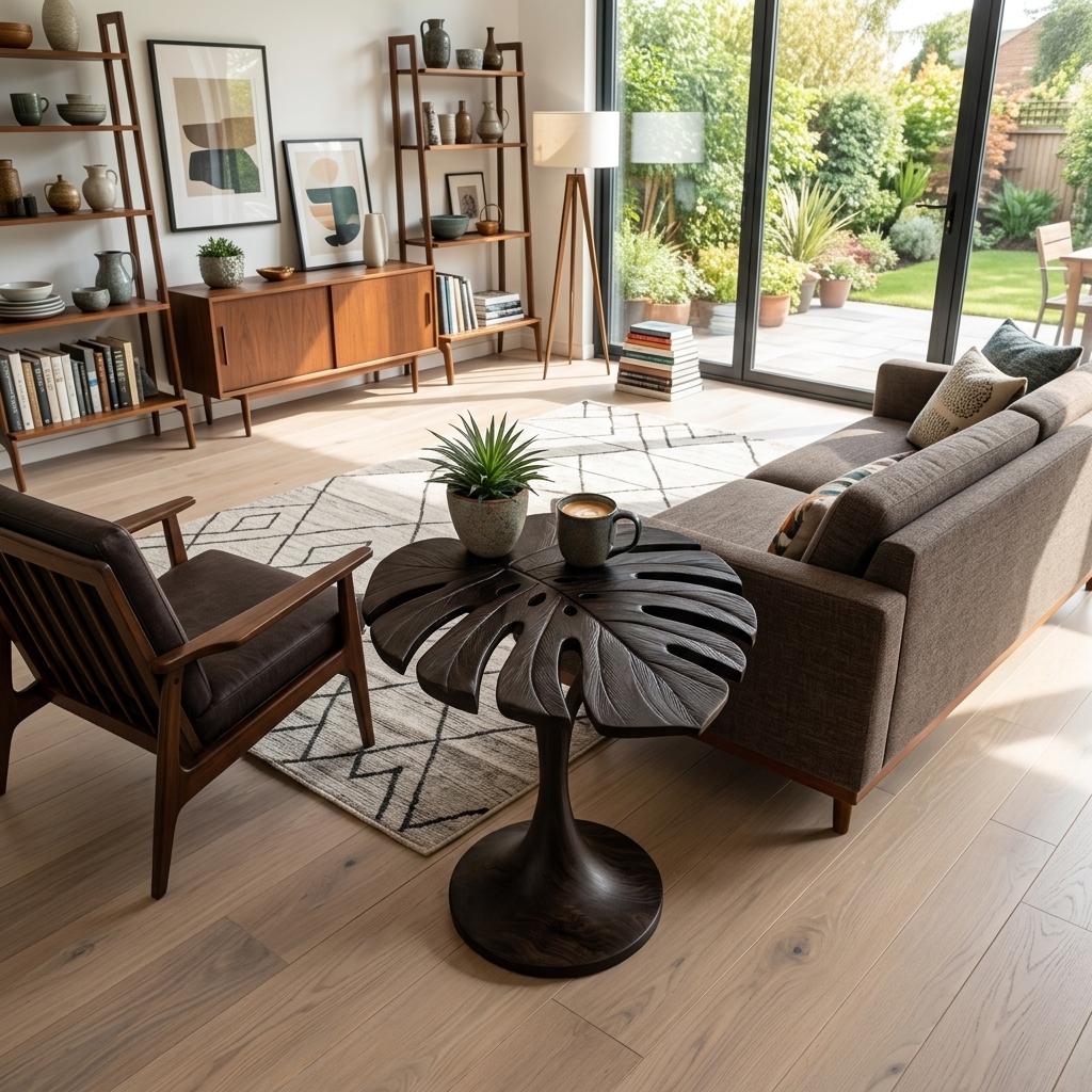 Handmade Wooden Side Table with Leaf Shape Top, Solid Wood Sculptural End Table for Sofa Side & Living Room, Model