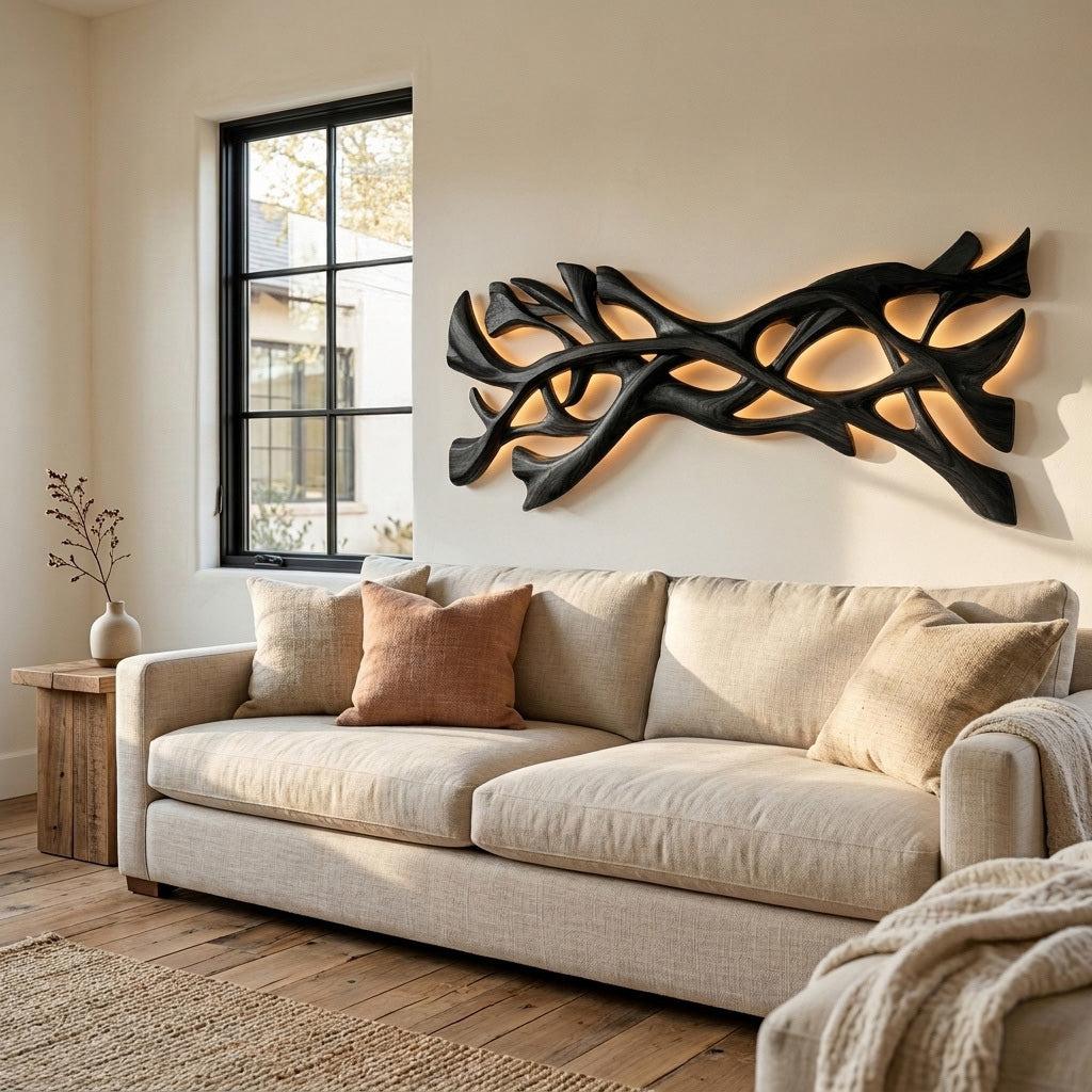 Organic Wood Wall Art, 3D Abstract Wave Hand-Carved Wooden Sculpture Panel for Contemporary Home Accent
