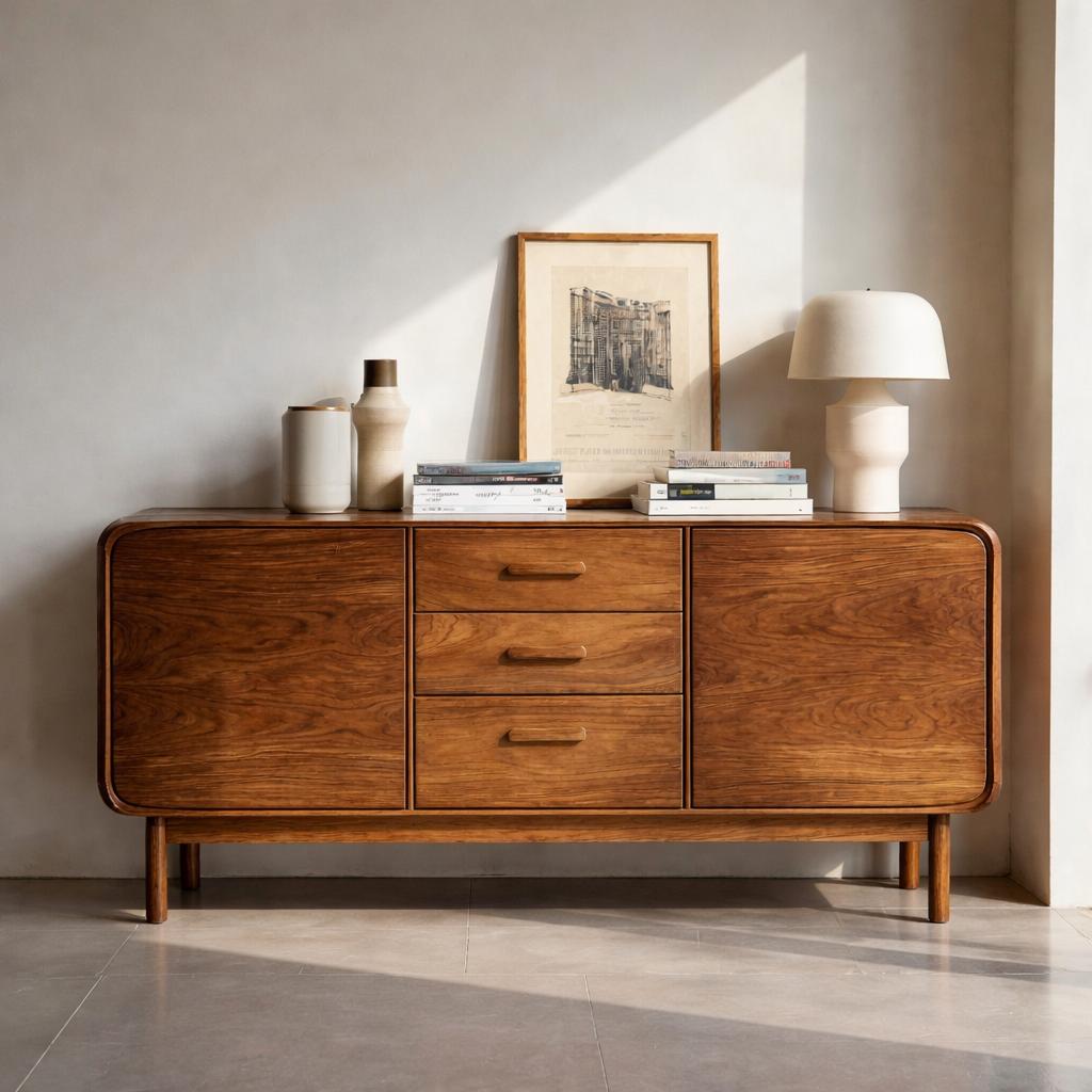 Spry Interior Modern Organic Sideboard with Center Drawers, Handcrafted Solid Wood Credenza Buffet Cabinet for Living Room, Model RTTHHNSD017