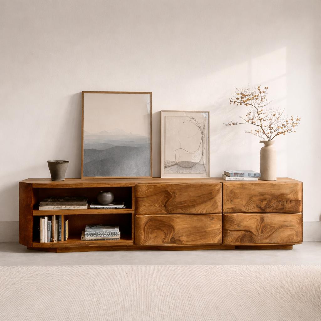Spry Interior Quiet Luxury Low Sideboard Console, Handcrafted Wooden Storage Credenza & Media Cabinet for Living Room, Model RTTHHNSD021