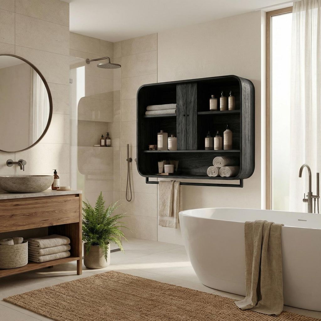 Minimalist Bathroom Cabinet, Solid Natural Wood Wall-Mounted Storage Organizer Cupboard
