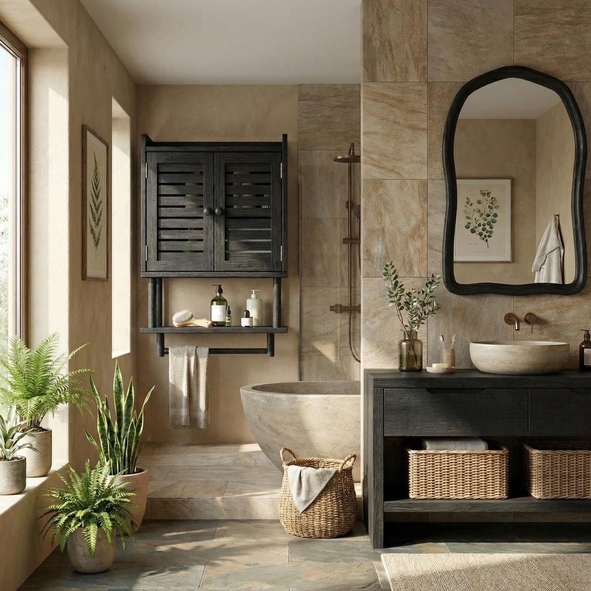 Solid Wood Bathroom Cabinet, Rustic Wall-Mounted Storage Organizer Cupboard for Bathroom Space