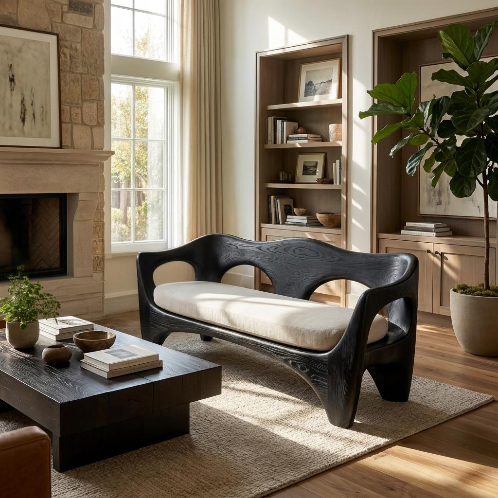 Mid-Century Modern Wooden Sofa with Sculptural Frame, Handcrafted Solid Wood Patio & Living Room Couch, Model