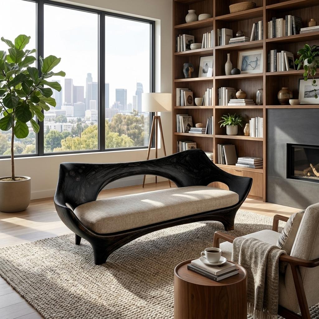 Luxury Sculptural Wooden Sofa, Handcrafted Solid Wood Couch for Contemporary Living Room & Lounge Spaces, Model