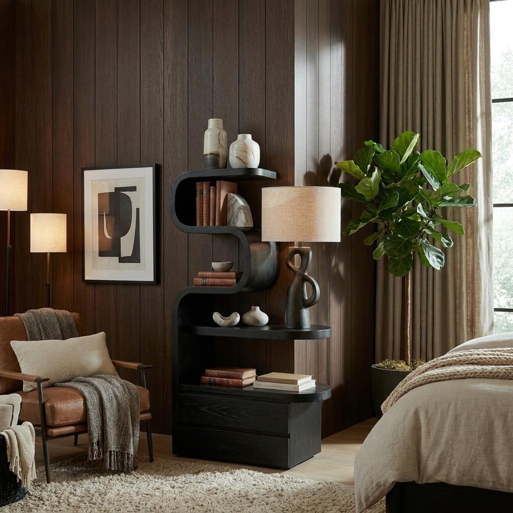 Sculpted Solid Wood Nightstand, Modern Bedside Table with Storage Shelves & Drawers for Bedroom