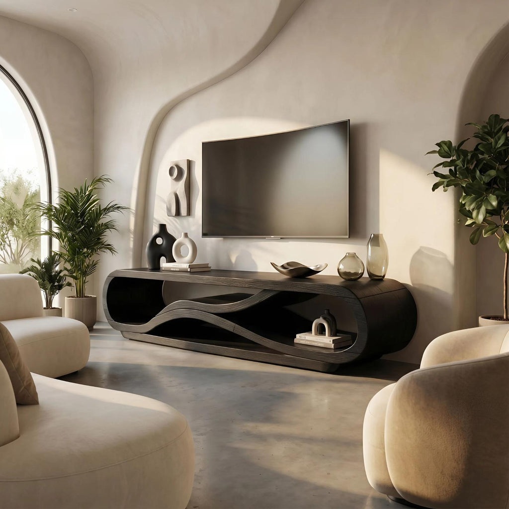 Modern Curved Wood TV Cabinet, Stylish Media Console Shelf & Entertainment Center for Living Room