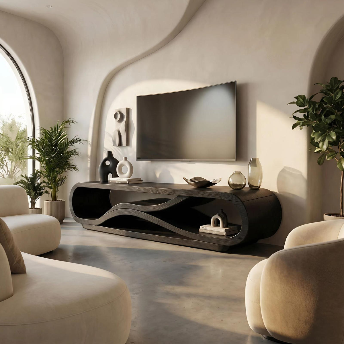Modern Curved Wood TV Cabinet, Stylish Media Console Shelf & Entertainment Center for Living Room