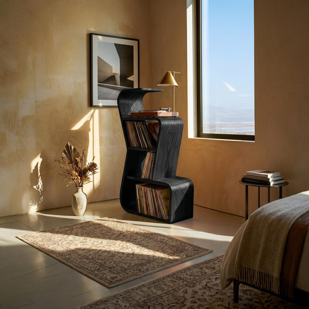 Modern Sculptural Wood Vinyl Record Stand, Handcrafted Premium Turntable Cabinet & LP Storage Rack, Model