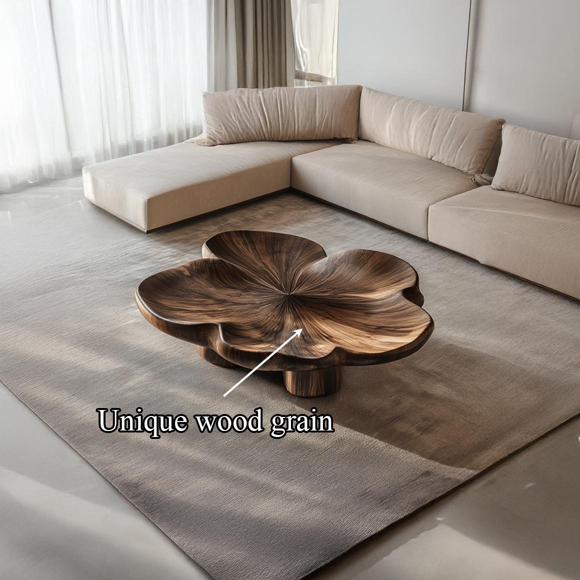 Organic Sculptural Petal Coffee Table, Solid Wood Flower Bloom Accent Centerpiece for Living Room, Lounge, Studio