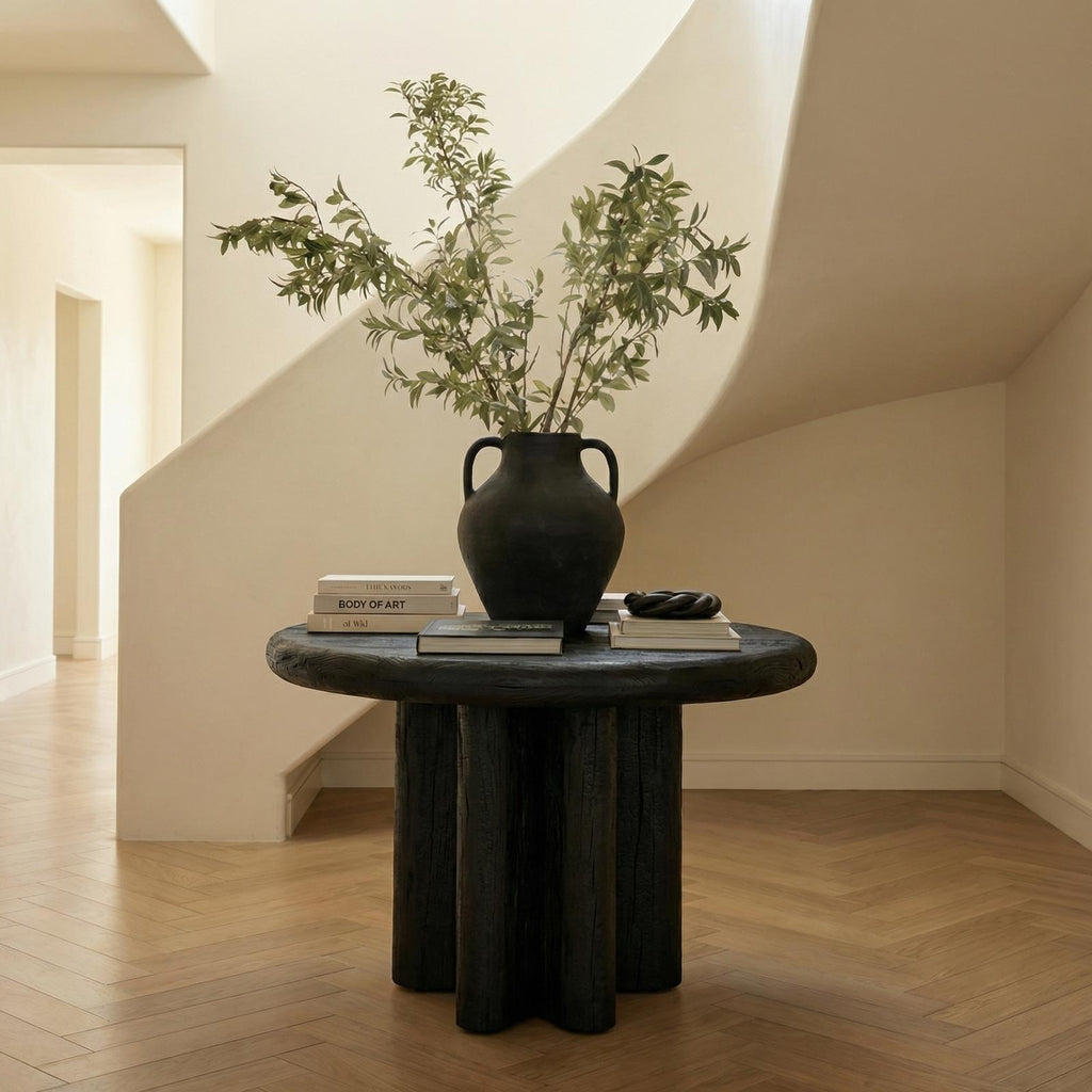 Modern Minimalist Round Entryway Foyer Table, Solid Wood Hallway Center Table for Home Decor