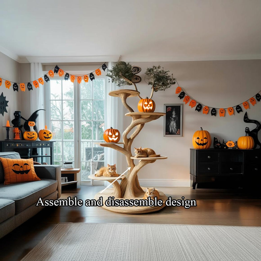Rustic Real Wood Cat Tree Tower, Multi-Level Branch Cat Climbing Tree, Spooky Gothic Living Room Cat Furniture