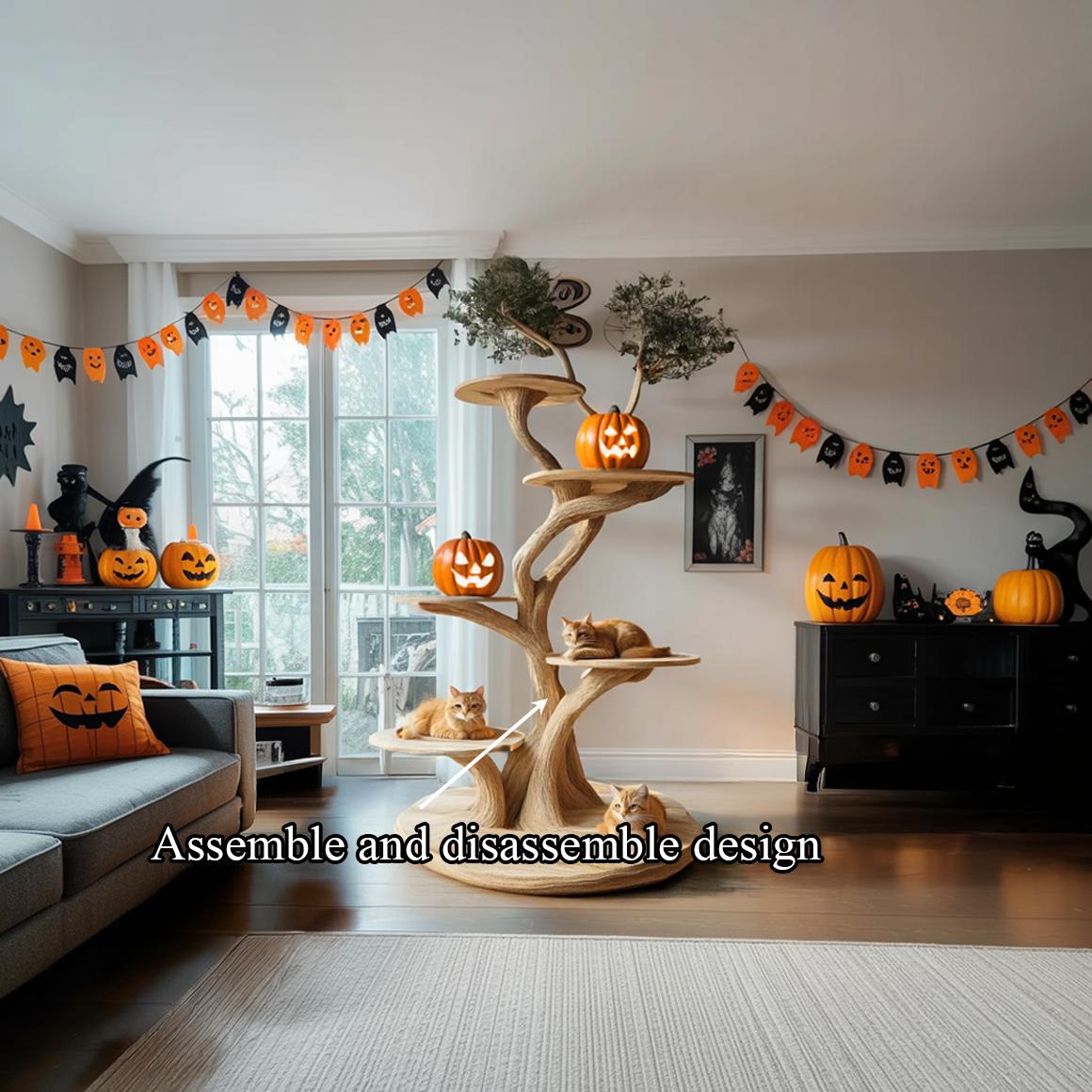 Rustic Real Wood Cat Tree Tower, Multi-Level Branch Cat Climbing Tree, Spooky Gothic Living Room Cat Furniture