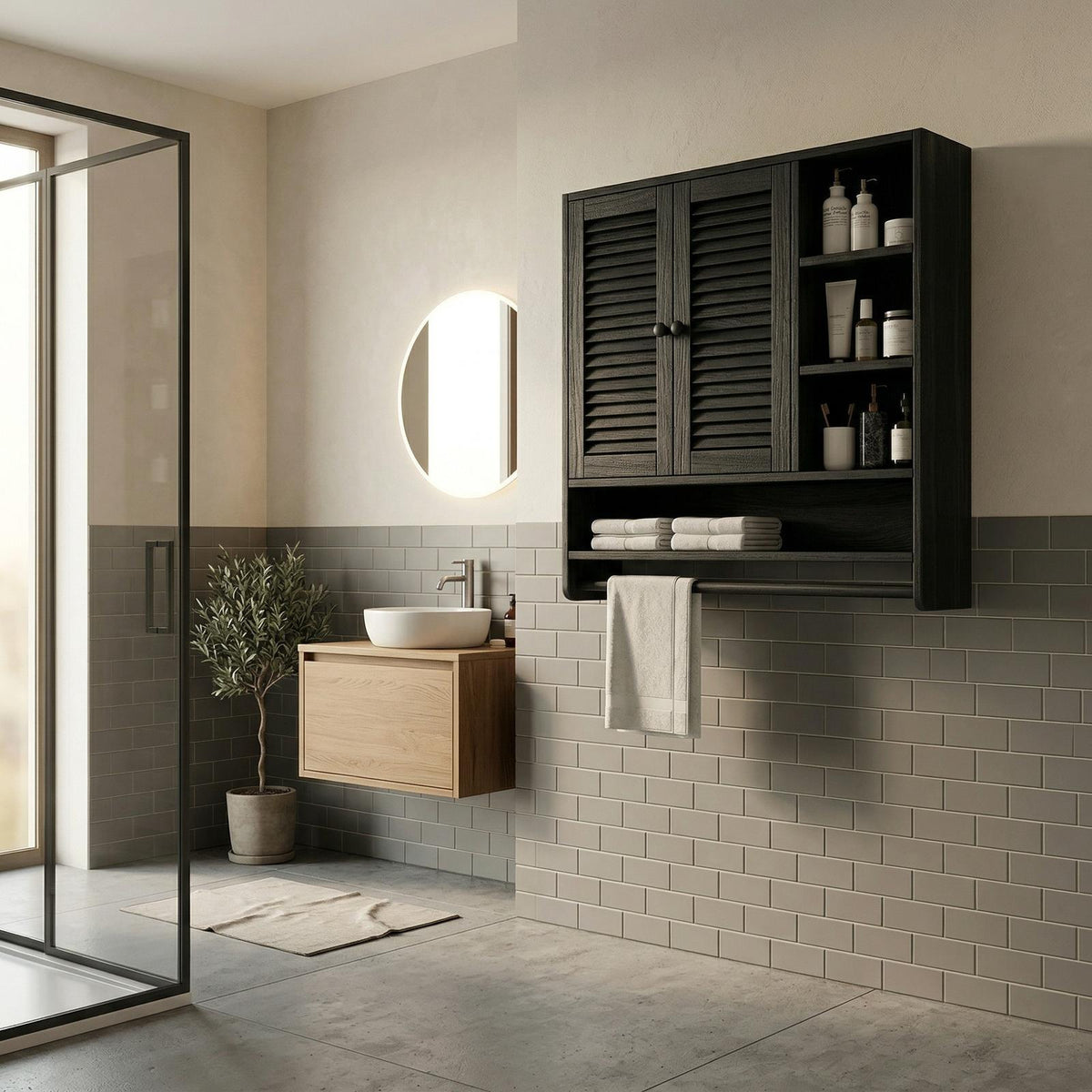 Rustic Bathroom Cabinet, Solid Wood Wall-Mounted Storage Organizer Cupboard for Bathroom