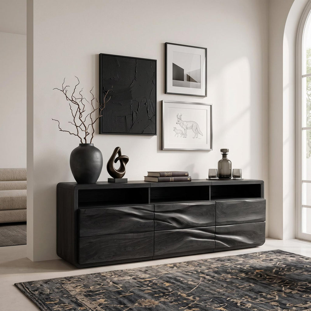 Organic Wave Carved Wood Sideboard, Handcrafted Solid Wood Credenza Storage Cabinet for Modern Living Room, Model
