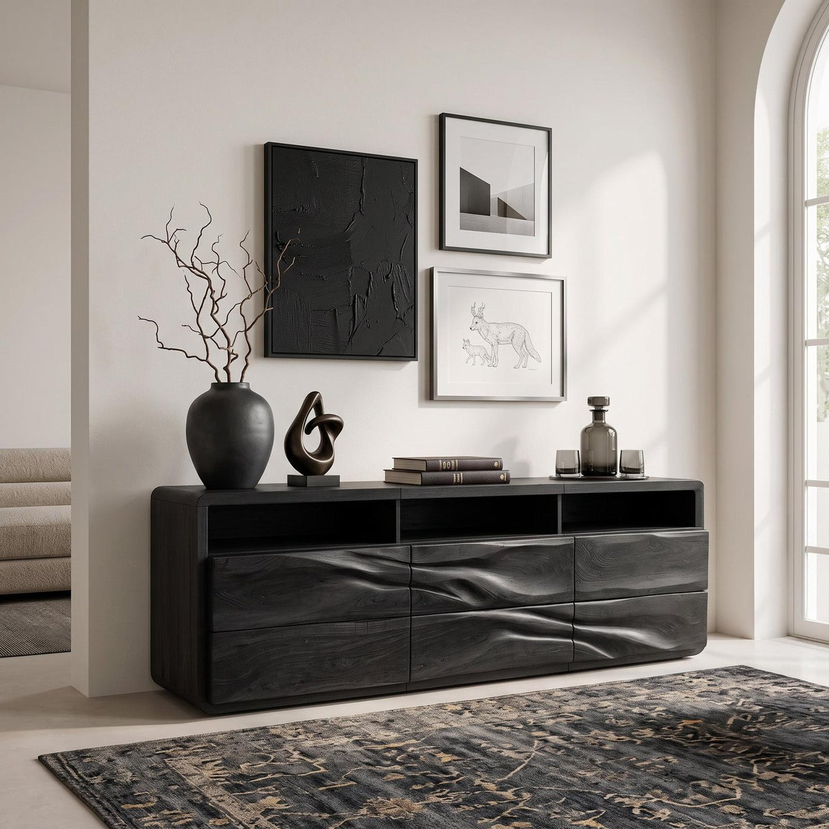 Organic Wave Carved Wood Sideboard, Handcrafted Solid Wood Credenza Storage Cabinet for Modern Living Room, Model