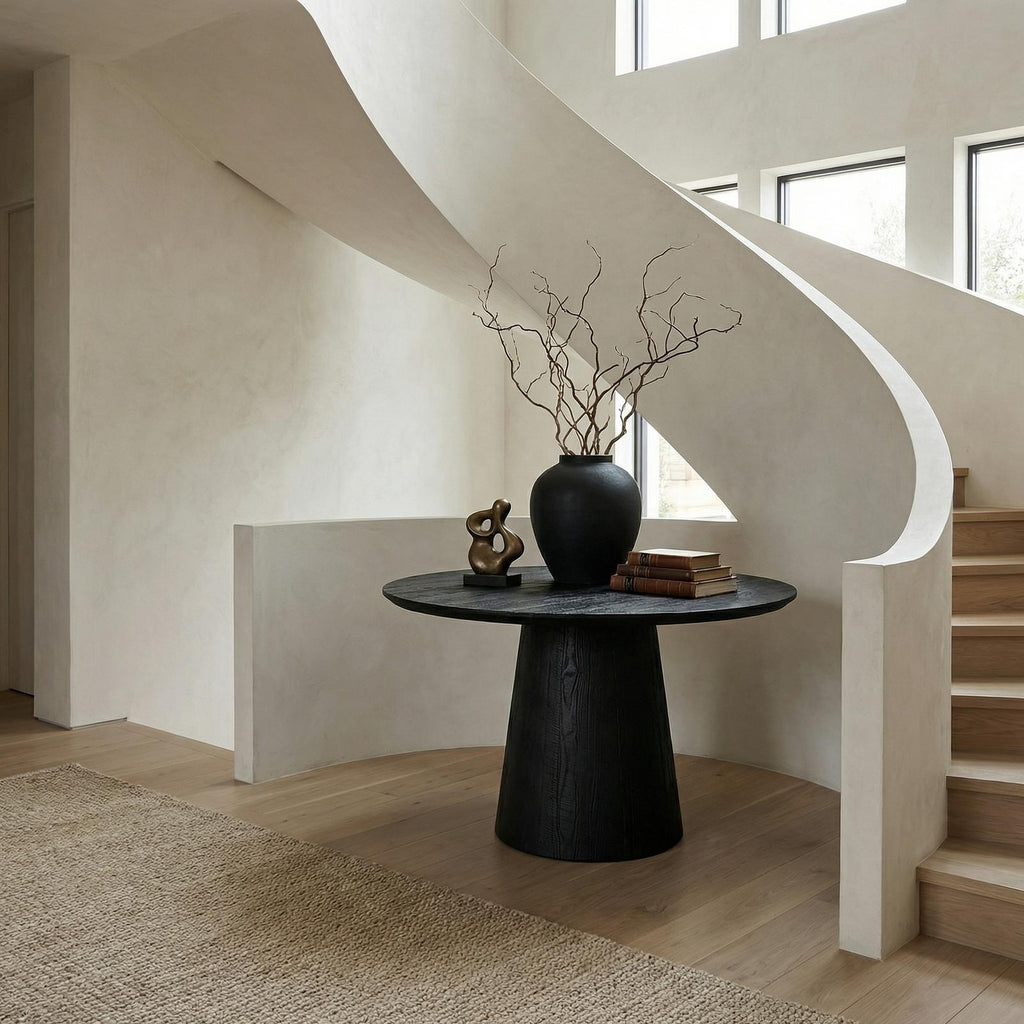Minimalist Round Entryway Table, Solid Wood Modern Foyer & Hallway Accent Pedestal Table